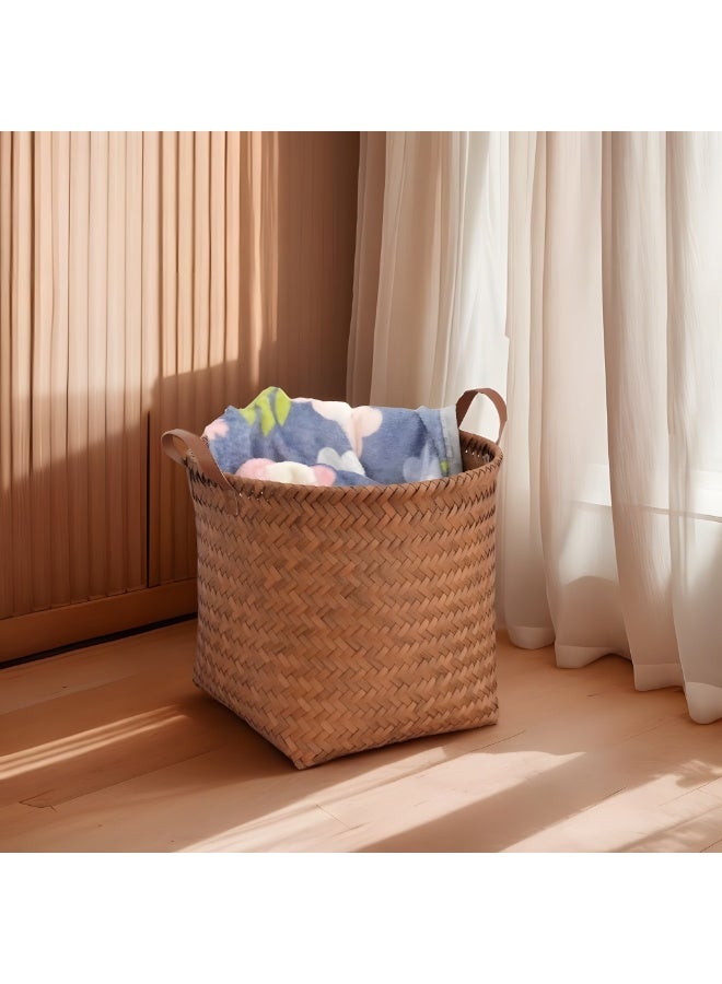 روعة سلة تخزين من الخيزران،  منظم تخزين منسوج على شكل مكعب، سلة بطانية من الخيزران الصناعي لتنظيم الملابس وخزانة غسيل الألعاب، بني - Image 1